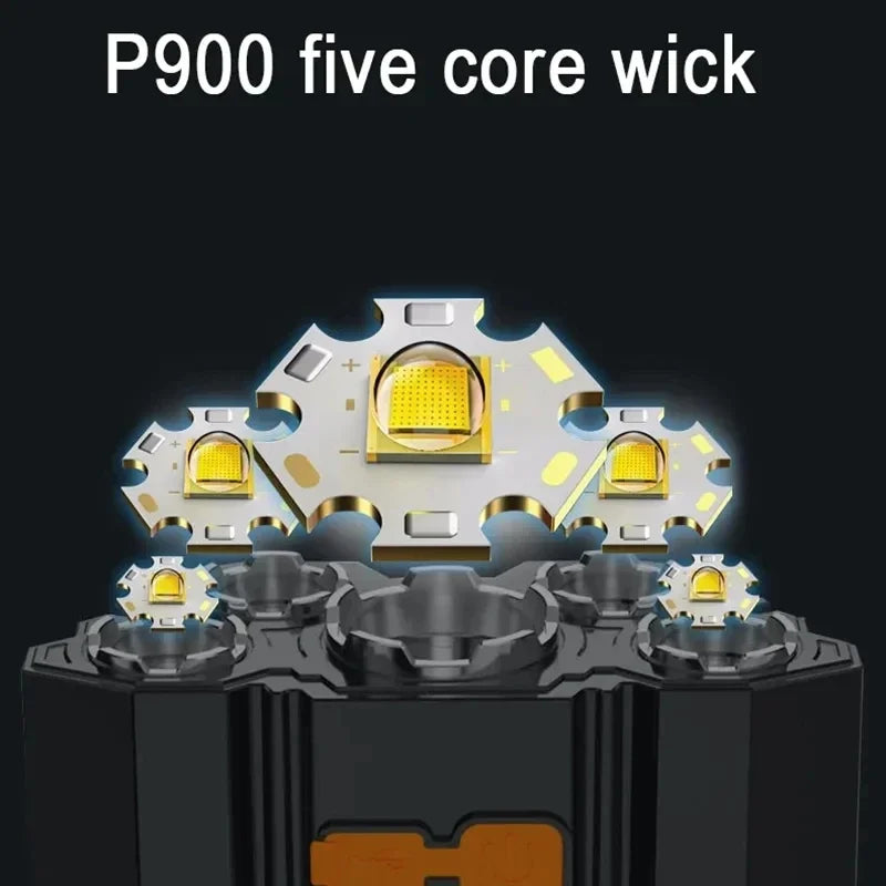 Lanterna de cabeça LED recarregável com 5 LEDs, equipada com bateria de lítio integrada. Luz frontal potente, ideal para camping, aventura, pesca e ciclismo
