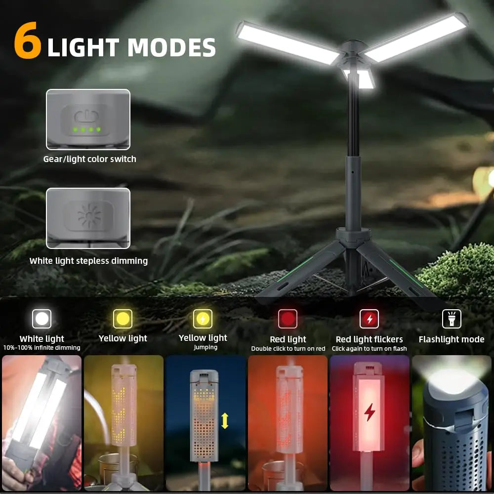 Lanterna de Campismo Dobrável Portátil com Suporte Telescópico, Recarregável por USB, Bateria de 8000mAh, Luz Exterior Impermeável com Função Power Bank e Tripé