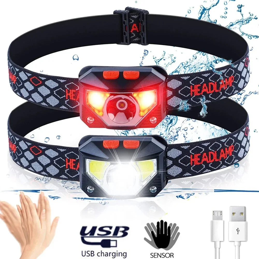 Lanterna frontal de cabeça LED com 8 modos, mãos livres, com sensor de movimento