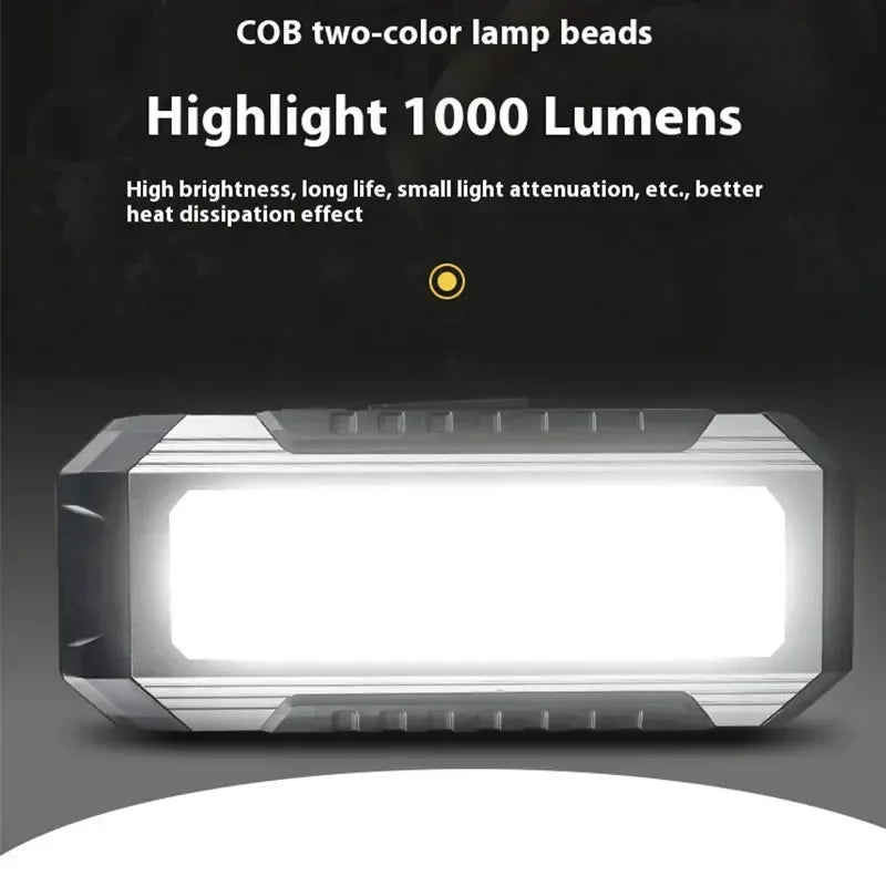 Lanterna à prova de água com íman, luz de trabalho portátil COB, lanterna LED 1000 Lumens 4000mAh, modos múltiplos, lanterna de campismo com bateria 18650