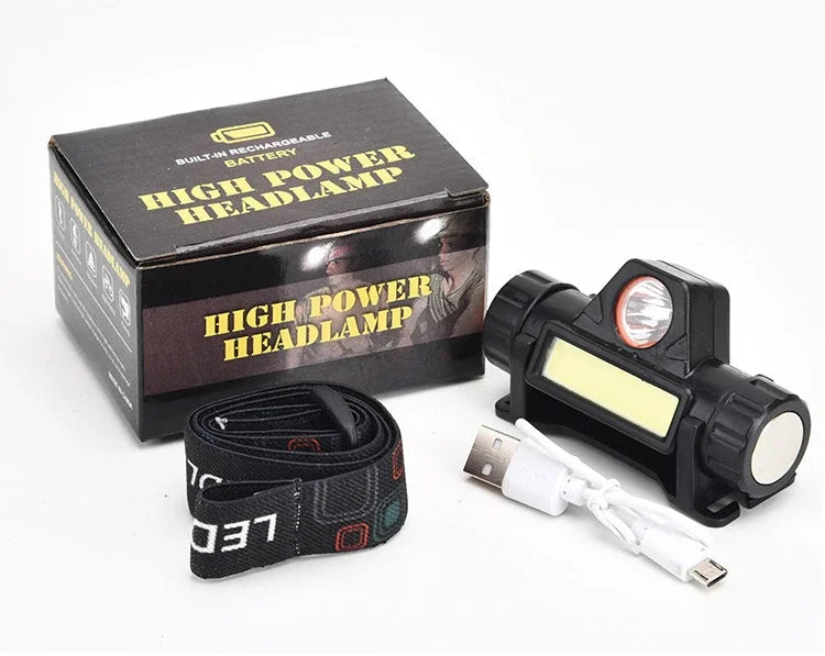 Lanterna de cabeça para atividades ao ar livre com longa duração de bateria e luz LED potente, ideal para pesca noturna, recarregável e com fixação magnética