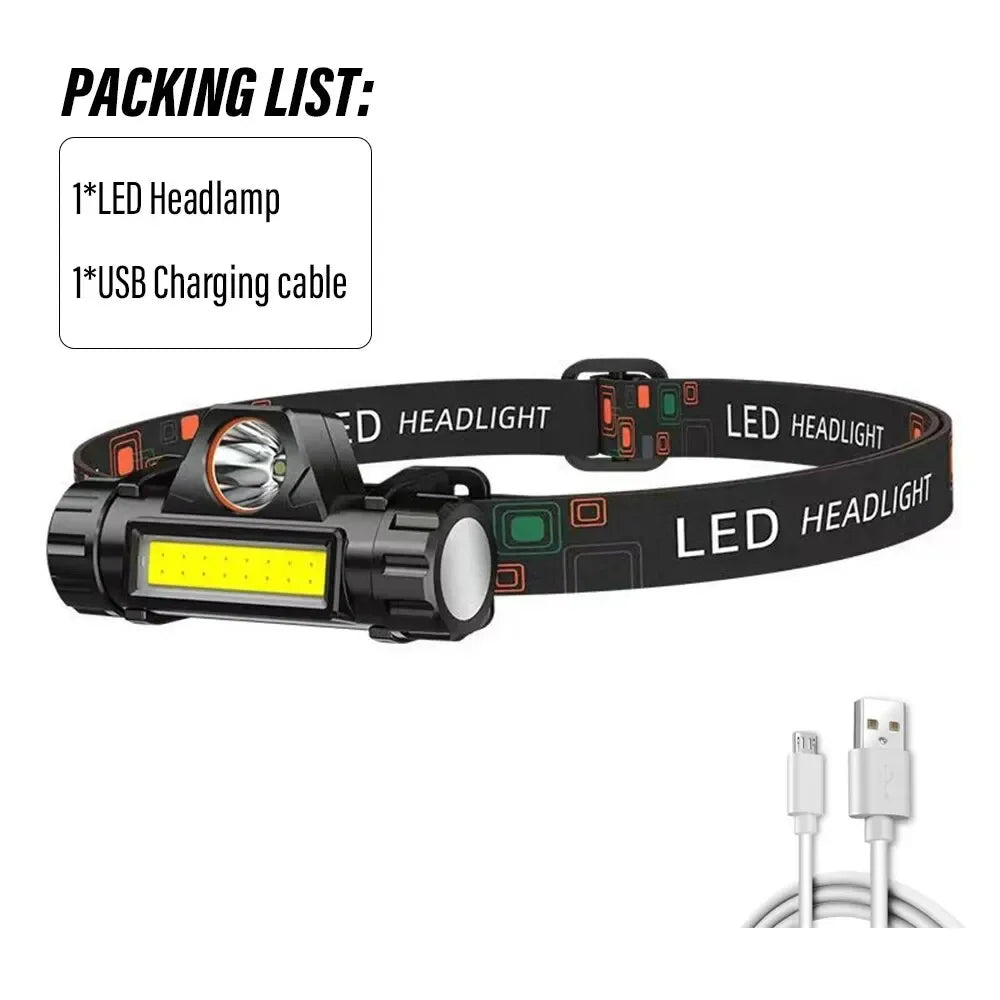 Lanterna frontal LED recarregável para pesca e campismo, com luz XPE + COB, 2 modos de iluminação, com íman traseiro