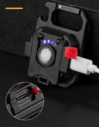 Mini lanterna LED com íman, luz COB, ideal para camping ao ar livre e uso no trabalho. Compacta para bolso, com 800 lúmens, recarregável por USB e 7 modos de iluminação