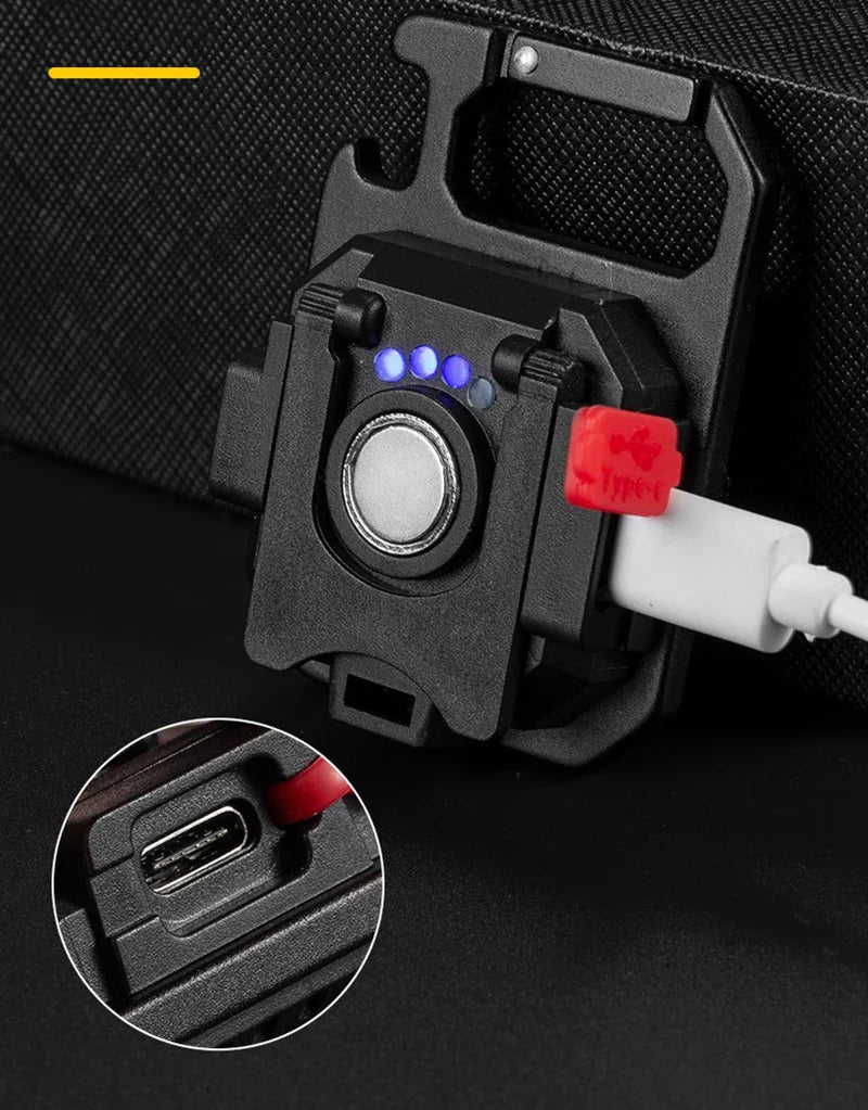 Mini lanterna LED com íman, luz COB, ideal para camping ao ar livre e uso no trabalho. Compacta para bolso, com 800 lúmens, recarregável por USB e 7 modos de iluminação