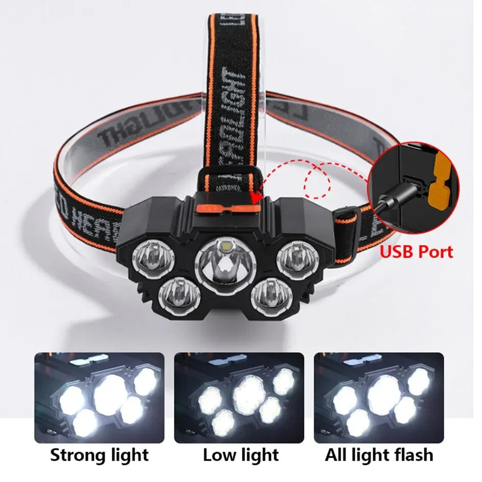 Lanterna de cabeça LED recarregável com 5 LEDs, equipada com bateria de lítio integrada. Luz frontal potente, ideal para camping, aventura, pesca e ciclismo