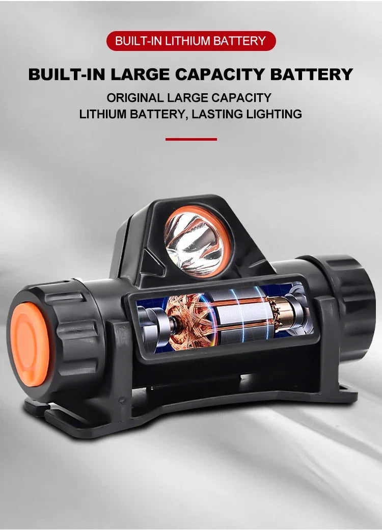 Lanterna de cabeça para atividades ao ar livre com longa duração de bateria e luz LED potente, ideal para pesca noturna, recarregável e com fixação magnética