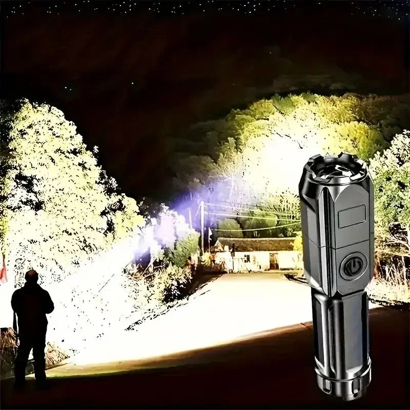Lanterna LED potente, recarregável por USB, à prova de água e com zoom, ideal para pesca, caça e camping, com até 10000 lúmens.