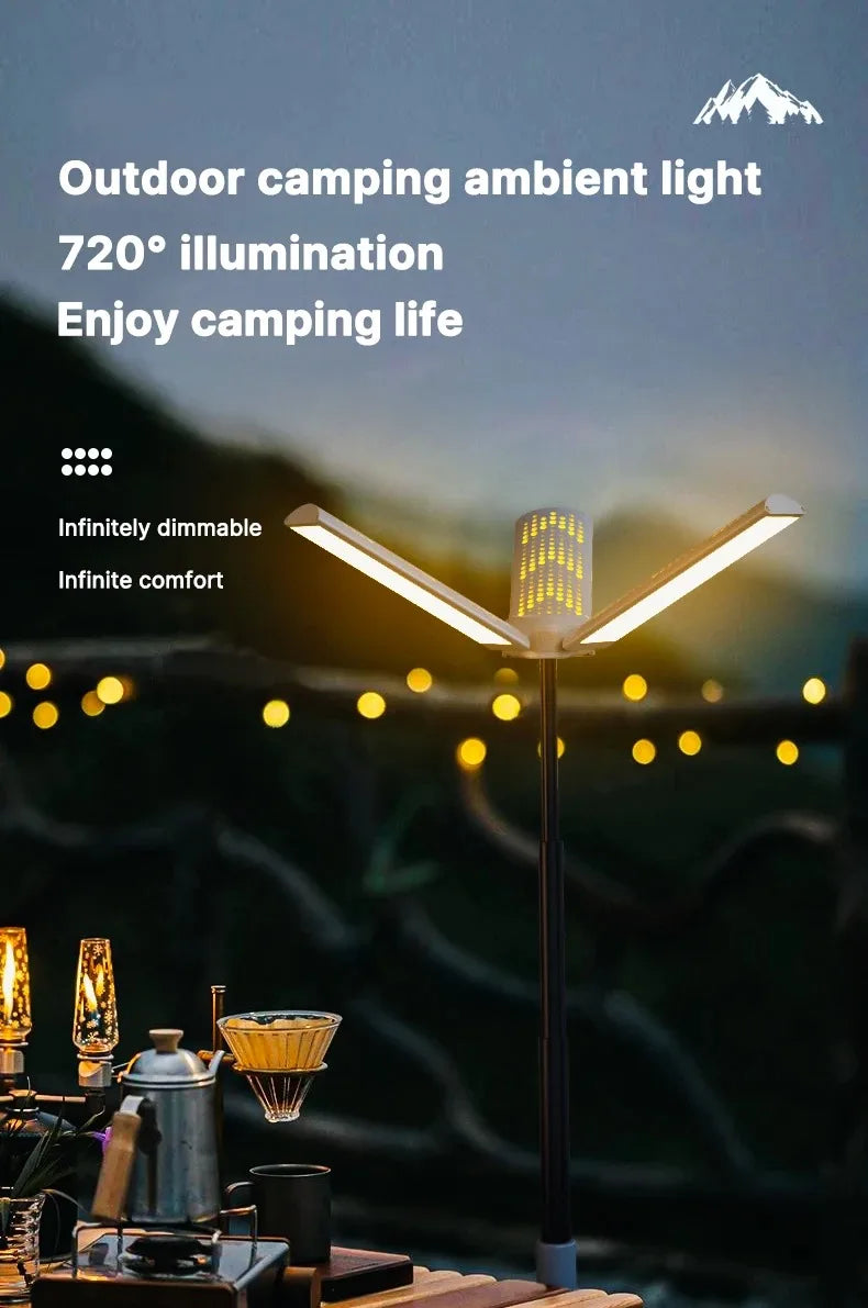 Lanterna de Campismo Dobrável Portátil com Suporte Telescópico, Recarregável por USB, Bateria de 8000mAh, Luz Exterior Impermeável com Função Power Bank e Tripé