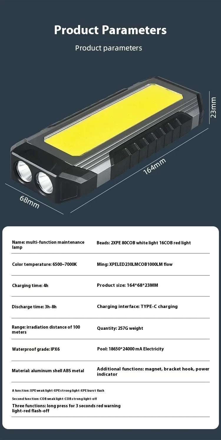 Lanterna à prova de água com íman, luz de trabalho portátil COB, lanterna LED 1000 Lumens 4000mAh, modos múltiplos, lanterna de campismo com bateria 18650