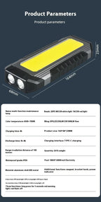 Lanterna à prova de água com íman, luz de trabalho portátil COB, lanterna LED 1000 Lumens 4000mAh, modos múltiplos, lanterna de campismo com bateria 18650