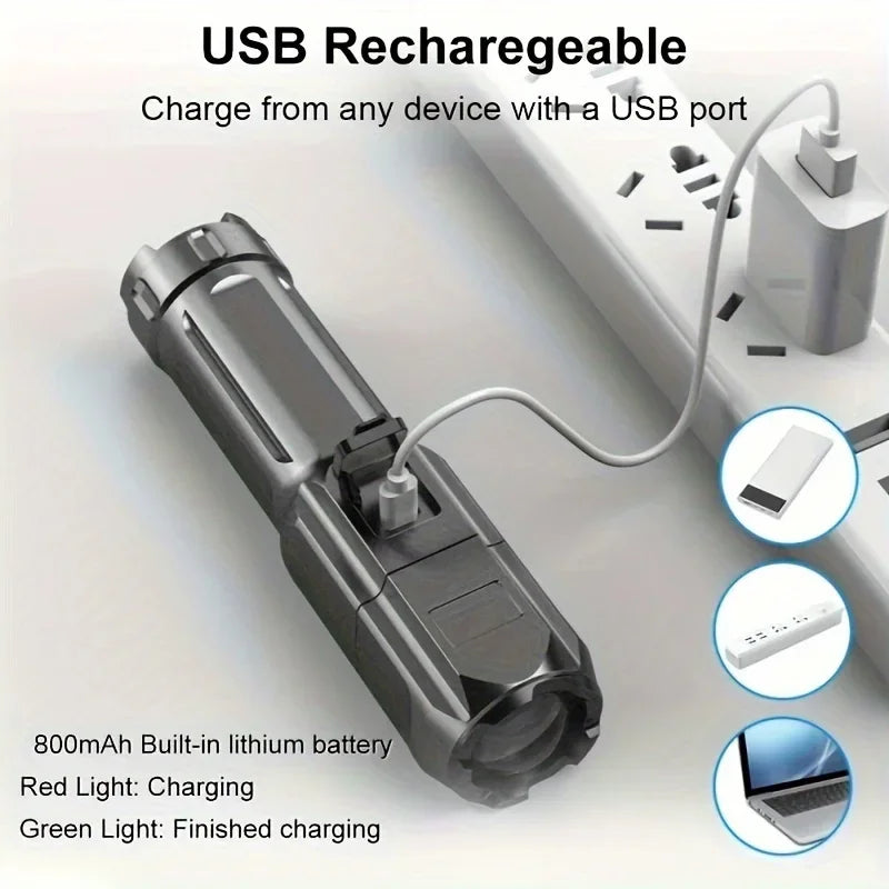 Lanterna LED potente, recarregável por USB, à prova de água e com zoom, ideal para pesca, caça e camping, com até 10000 lúmens.