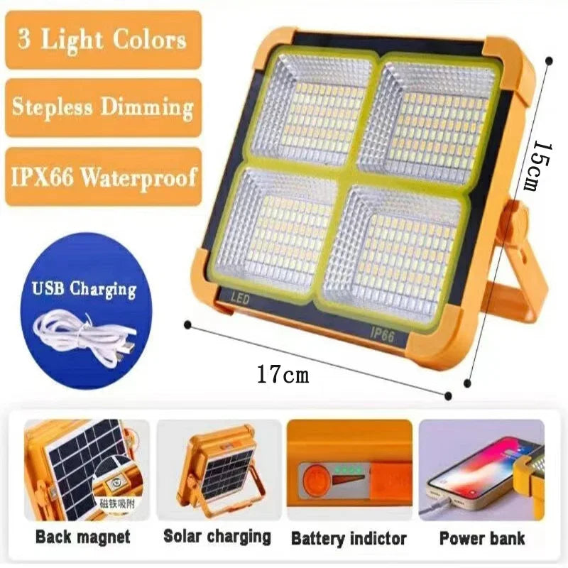 Projetor Solar Recarregável Portátil para Exterior com LED, Holofote Recarregável, Projetor de Iluminação para Construção