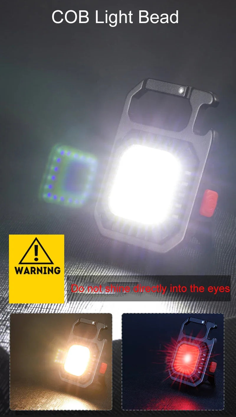 Mini lanterna LED com íman, luz COB, ideal para camping ao ar livre e uso no trabalho. Compacta para bolso, com 800 lúmens, recarregável por USB e 7 modos de iluminação