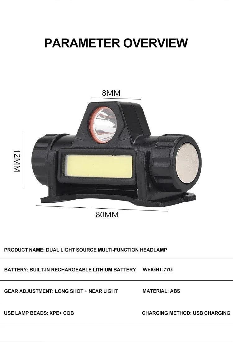 Lanterna de cabeça para atividades ao ar livre com longa duração de bateria e luz LED potente, ideal para pesca noturna, recarregável e com fixação magnética