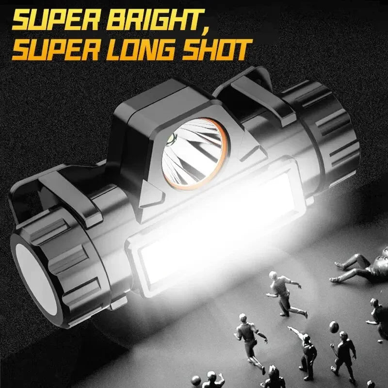 Lanterna de cabeça para atividades ao ar livre com longa duração de bateria e luz LED potente, ideal para pesca noturna, recarregável e com fixação magnética