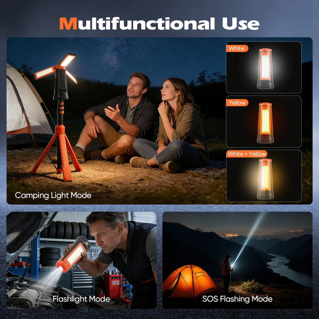 Luz de Campismo Recarregável com Suporte Ajustável, Bateria de 9000mAh, Luz de Trabalho Portátil Sem Fios, 3 Cabeças LED, Lanterna para Emergências e Viagens