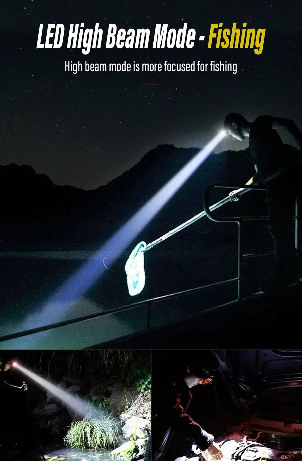 Lanterna frontal LED recarregável para pesca e campismo, com luz XPE + COB, 2 modos de iluminação, com íman traseiro