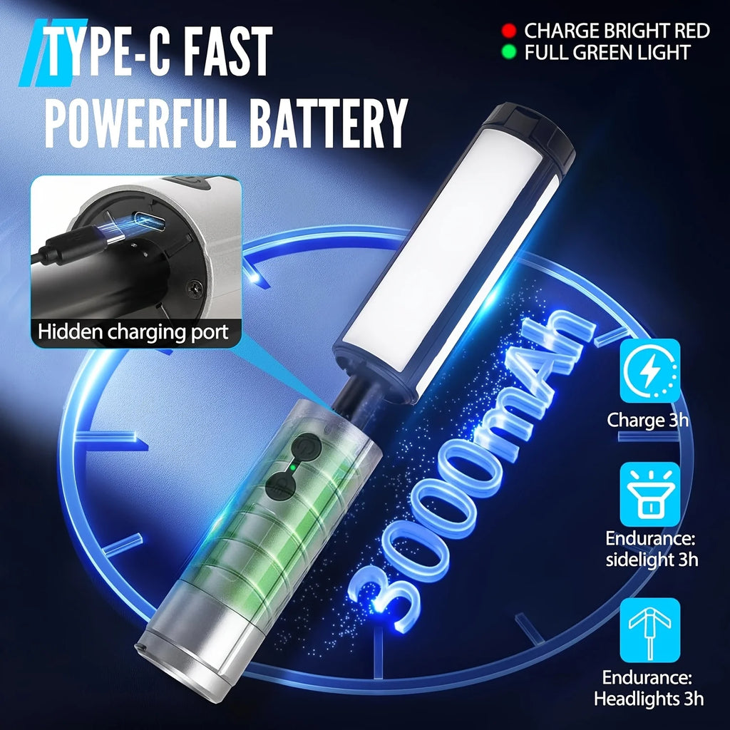 Lanterna de Campismo Dobrável Portátil com Suporte Telescópico, Recarregável por USB, Bateria de 8000mAh, Luz Exterior Impermeável com Função Power Bank e Tripé