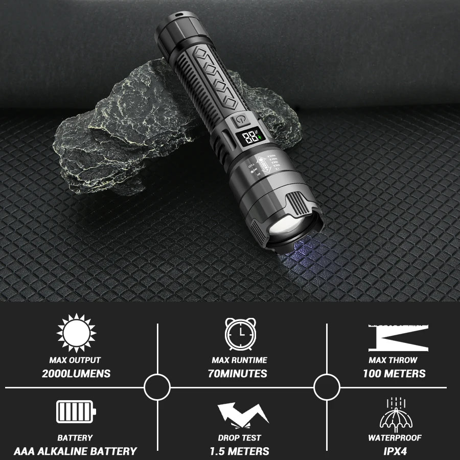 Lanterna P50 Potente – Zoom Telescópico com Display Digital de Bateria  Iluminação forte, portátil e pronta para qualquer situação
