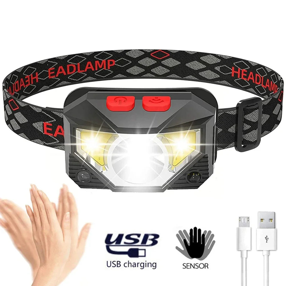 Lanterna frontal de cabeça LED com 8 modos, mãos livres, com sensor de movimento