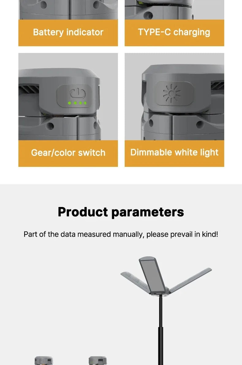 Lanterna de Campismo Dobrável Portátil com Suporte Telescópico, Recarregável por USB, Bateria de 8000mAh, Luz Exterior Impermeável com Função Power Bank e Tripé