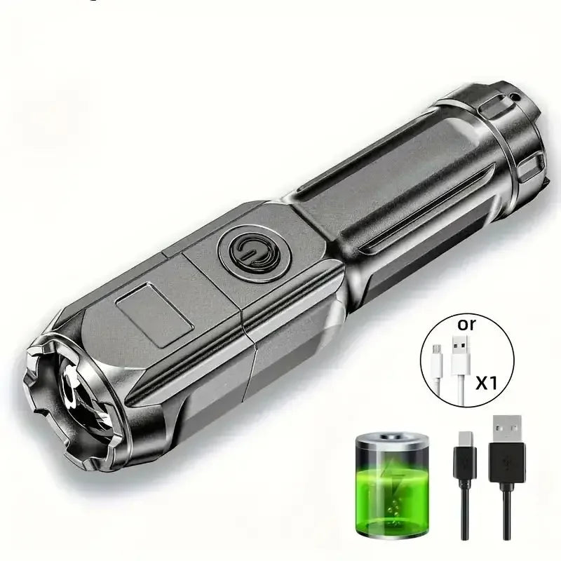 Lanterna LED potente, recarregável por USB, à prova de água e com zoom, ideal para pesca, caça e camping, com até 10000 lúmens.