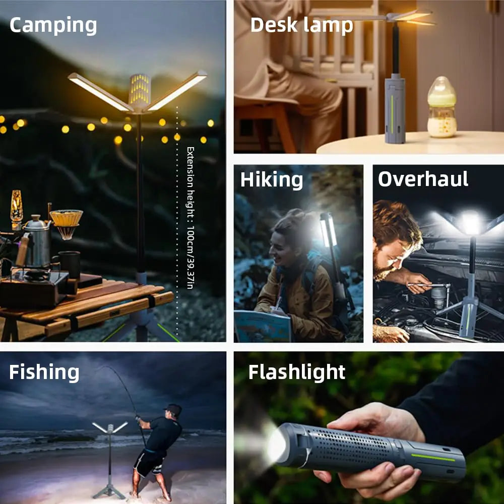 Lanterna de Campismo Dobrável Portátil com Suporte Telescópico, Recarregável por USB, Bateria de 8000mAh, Luz Exterior Impermeável com Função Power Bank e Tripé