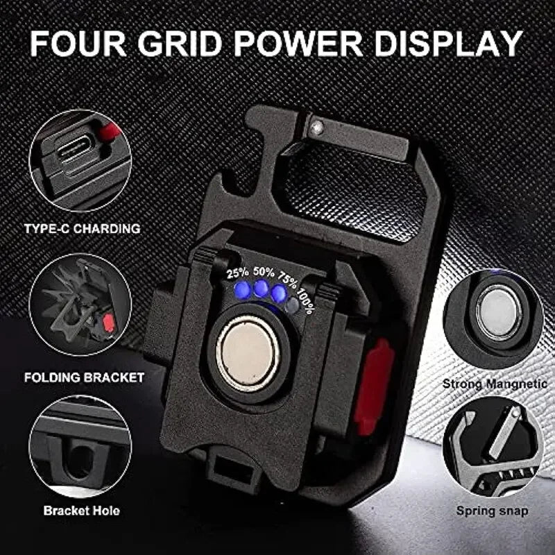 Mini lanterna LED com íman, luz COB, ideal para camping ao ar livre e uso no trabalho. Compacta para bolso, com 800 lúmens, recarregável por USB e 7 modos de iluminação