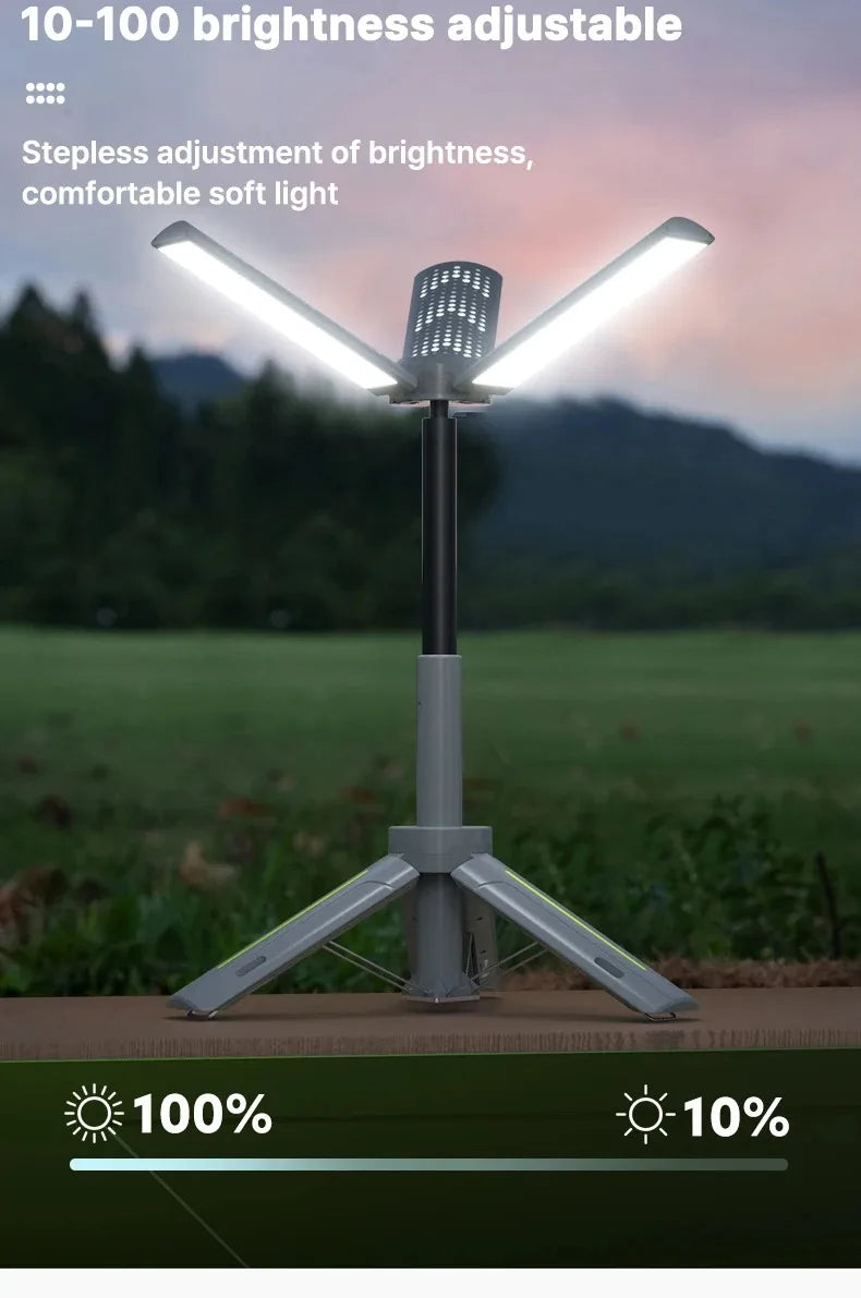 Lanterna de Campismo Dobrável Portátil com Suporte Telescópico, Recarregável por USB, Bateria de 8000mAh, Luz Exterior Impermeável com Função Power Bank e Tripé