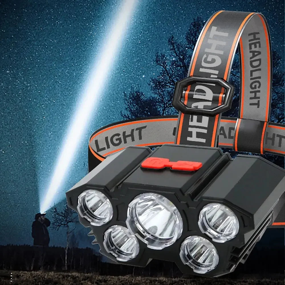 Lanterna de cabeça LED recarregável com 5 LEDs, equipada com bateria de lítio integrada. Luz frontal potente, ideal para camping, aventura, pesca e ciclismo