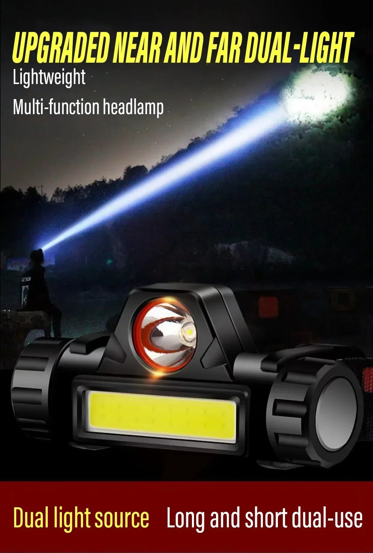 Lanterna frontal LED recarregável para pesca e campismo, com luz XPE + COB, 2 modos de iluminação, com íman traseiro