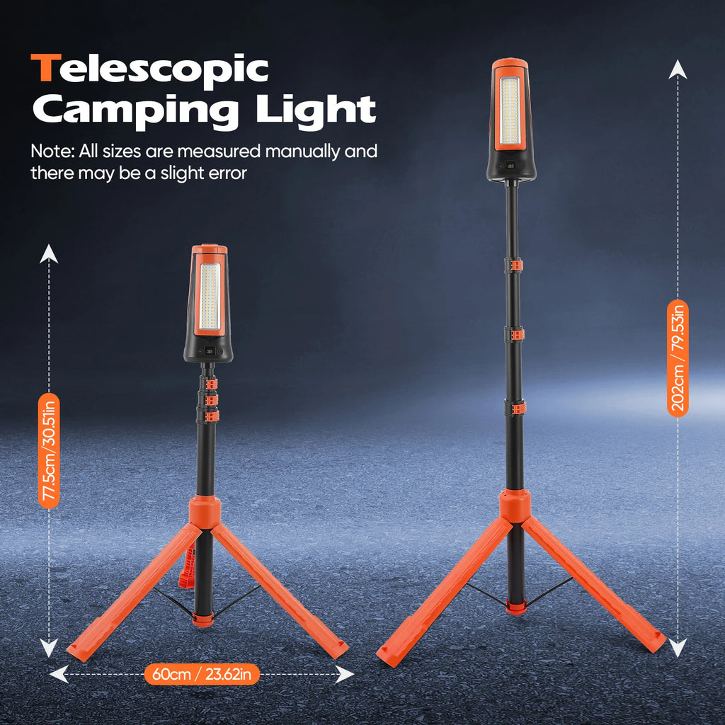 Luz de Campismo Recarregável com Suporte Ajustável, Bateria de 9000mAh, Luz de Trabalho Portátil Sem Fios, 3 Cabeças LED, Lanterna para Emergências e Viagens