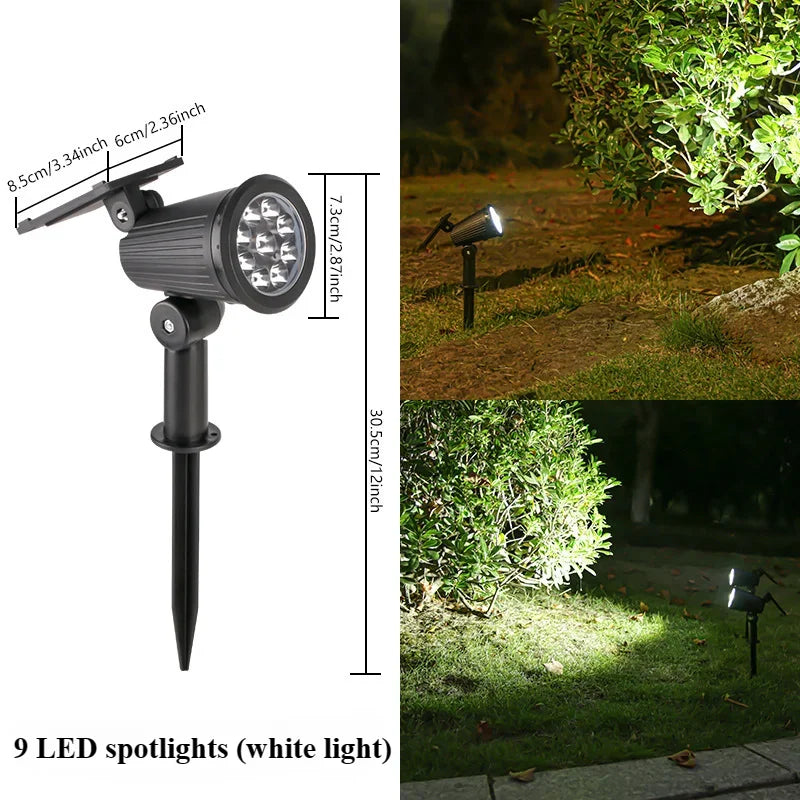 Projetores Solares com 9 LEDs para Exterior – IP65, Brilho Ajustável, Ideais para Jardim