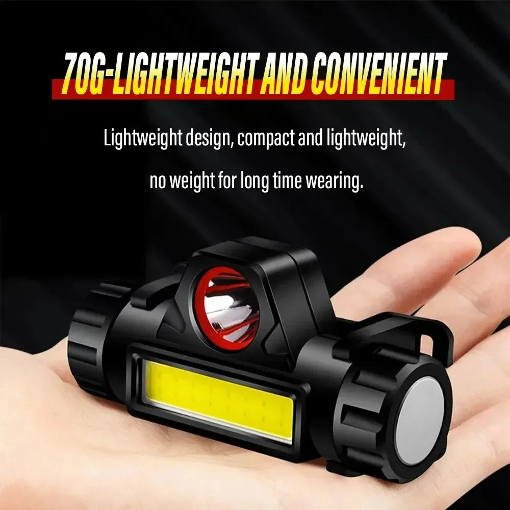 Lanterna frontal LED recarregável para pesca e campismo, com luz XPE + COB, 2 modos de iluminação, com íman traseiro