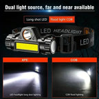 Lanterna frontal LED recarregável para pesca e campismo, com luz XPE + COB, 2 modos de iluminação, com íman traseiro