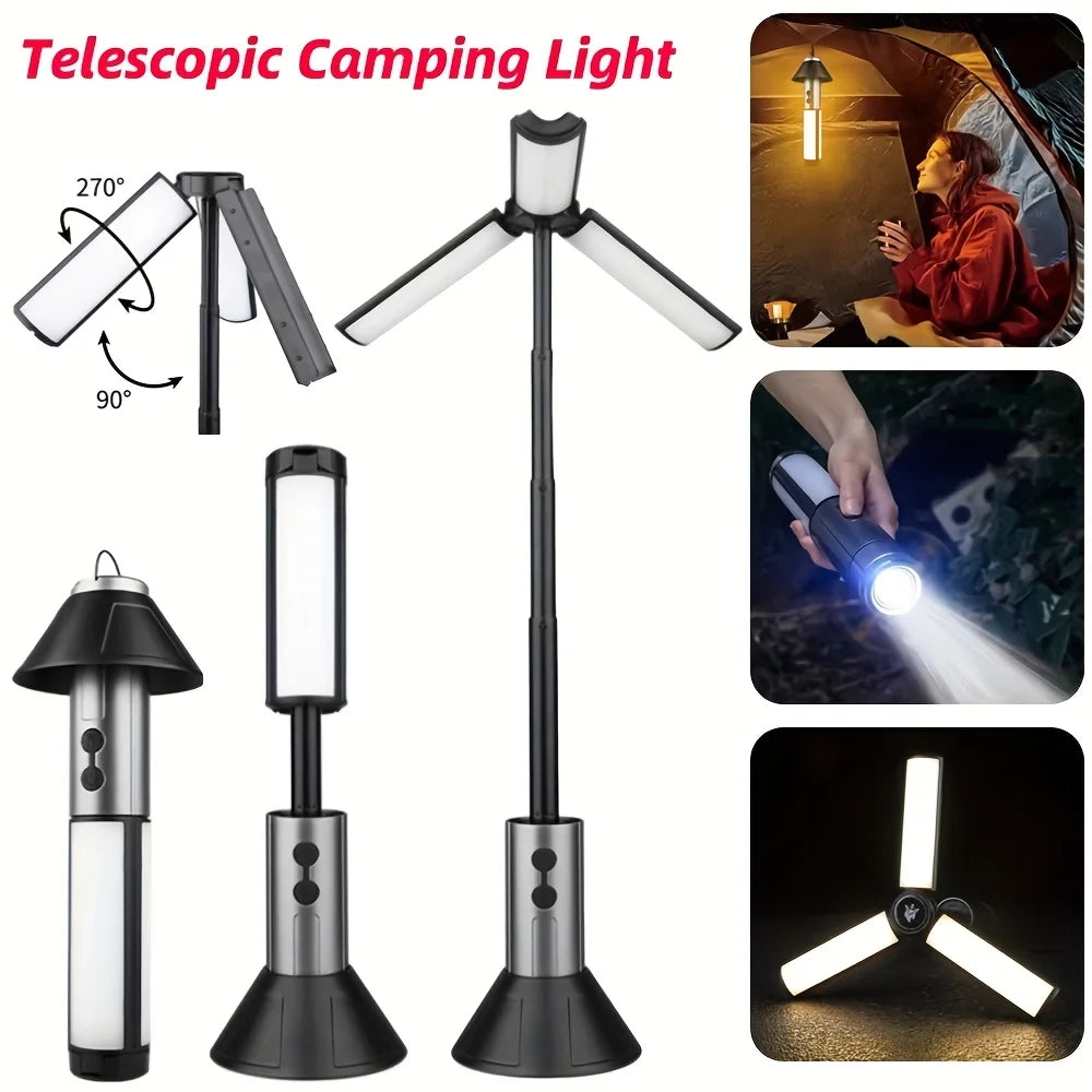 Lanterna de Campismo Dobrável Portátil com Suporte Telescópico, Recarregável por USB, Bateria de 8000mAh, Luz Exterior Impermeável com Função Power Bank e Tripé