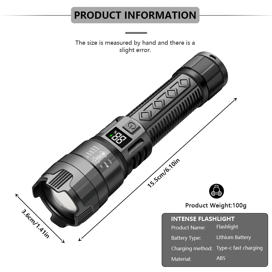 Lanterna P50 Potente – Zoom Telescópico com Display Digital de Bateria  Iluminação forte, portátil e pronta para qualquer situação